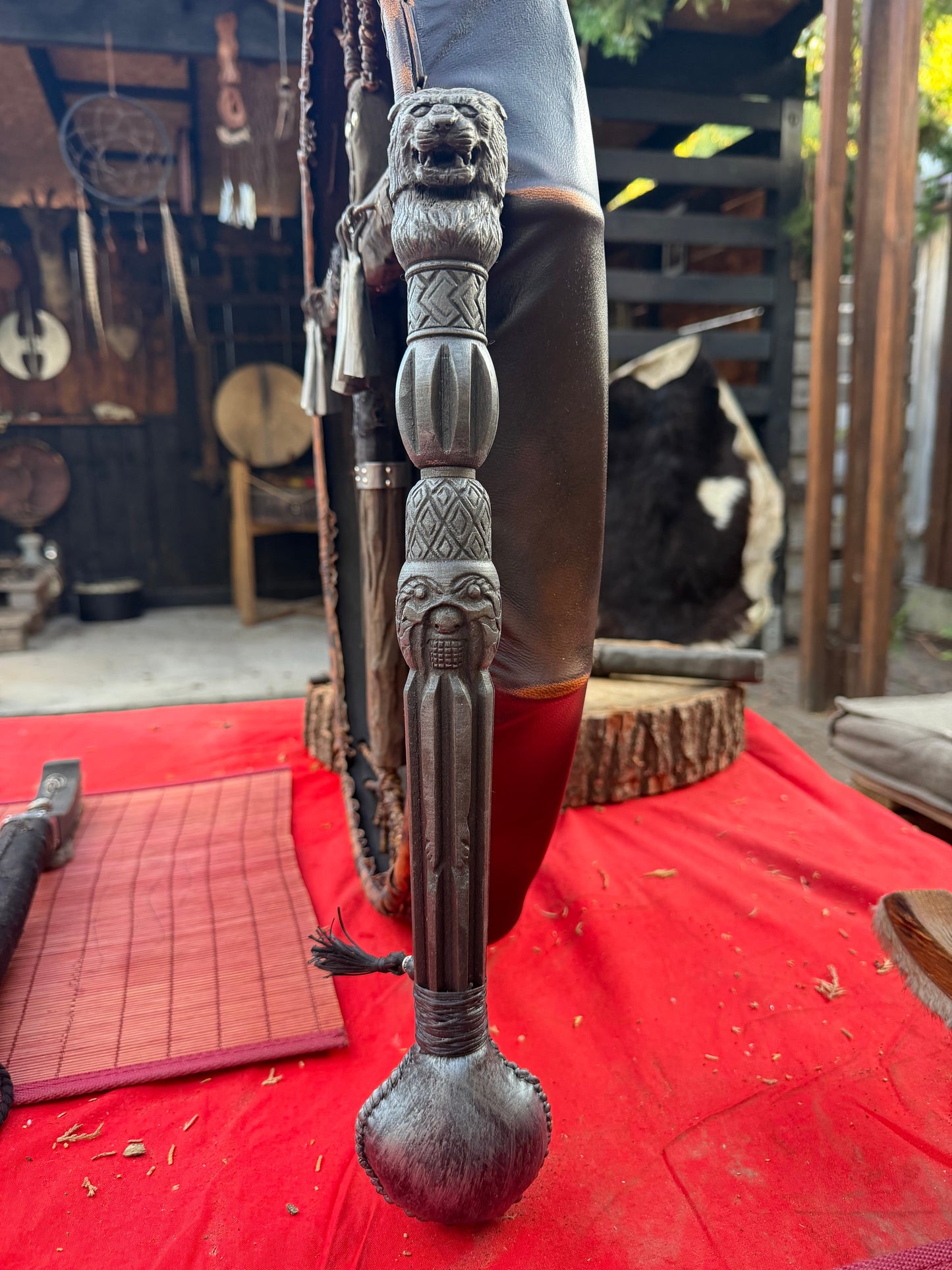 Shamanic rattle Tiger — hand-carved alder, goat skin chamber