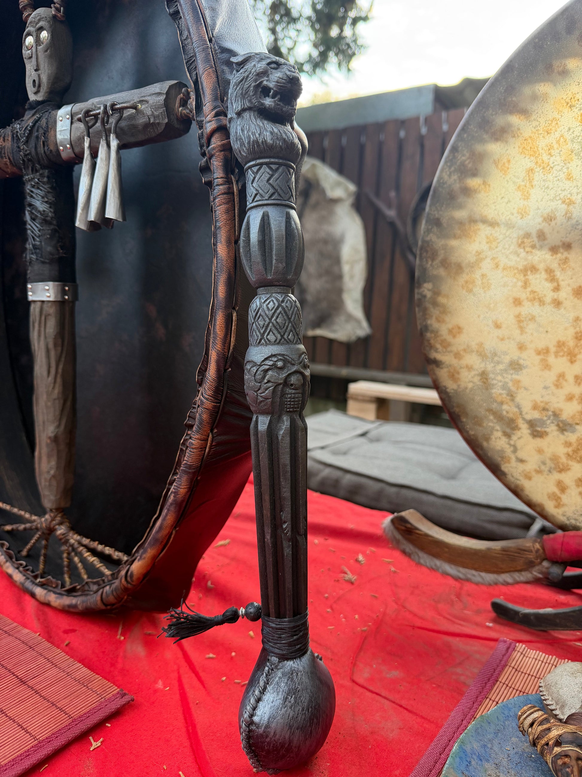 Shamanic rattle Tiger — hand-carved alder, goat skin chamber