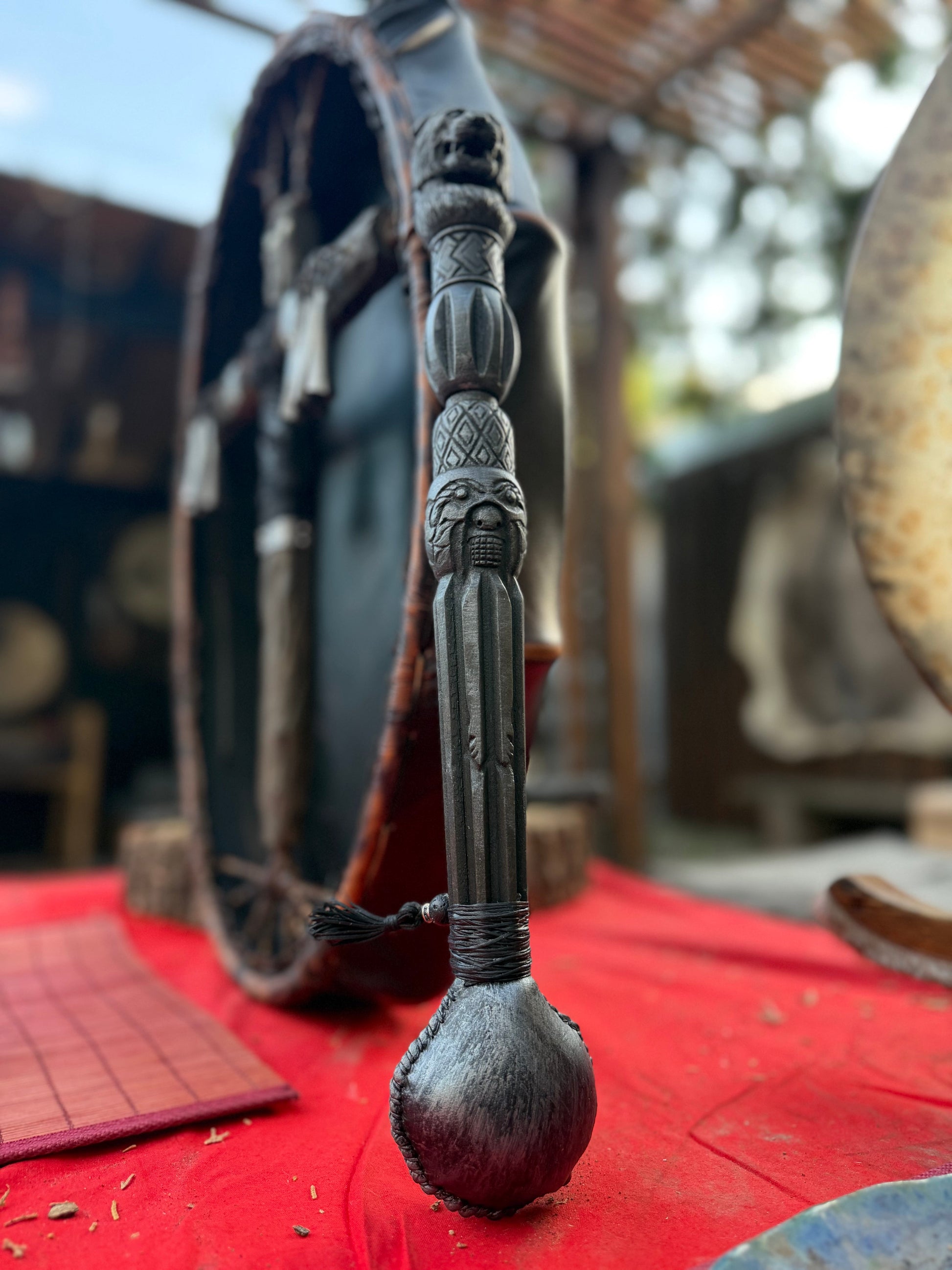 Shamanic rattle Tiger — hand-carved alder, goat skin chamber