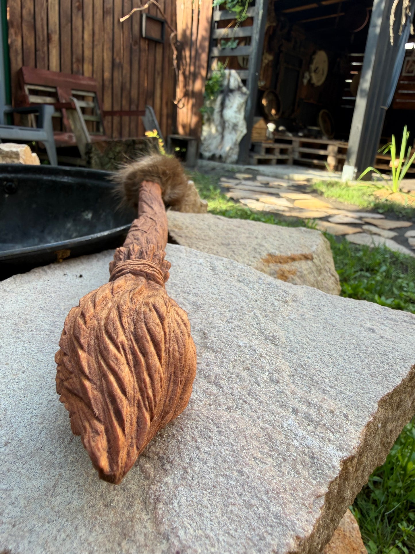 Witch's Broom shamanic drum beater — held in hand