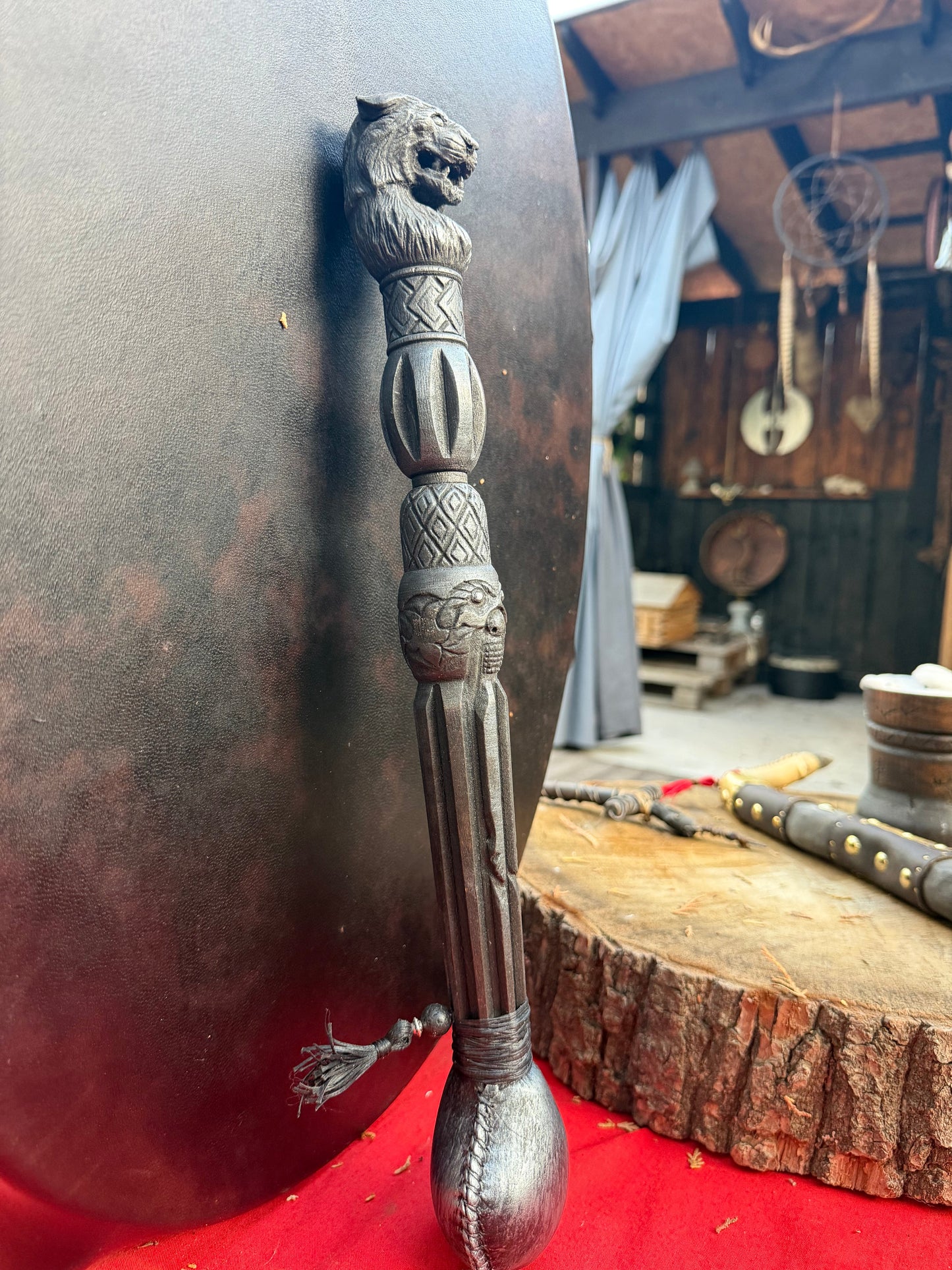 Shamanic rattle Tiger — hand-carved alder, goat skin chamber