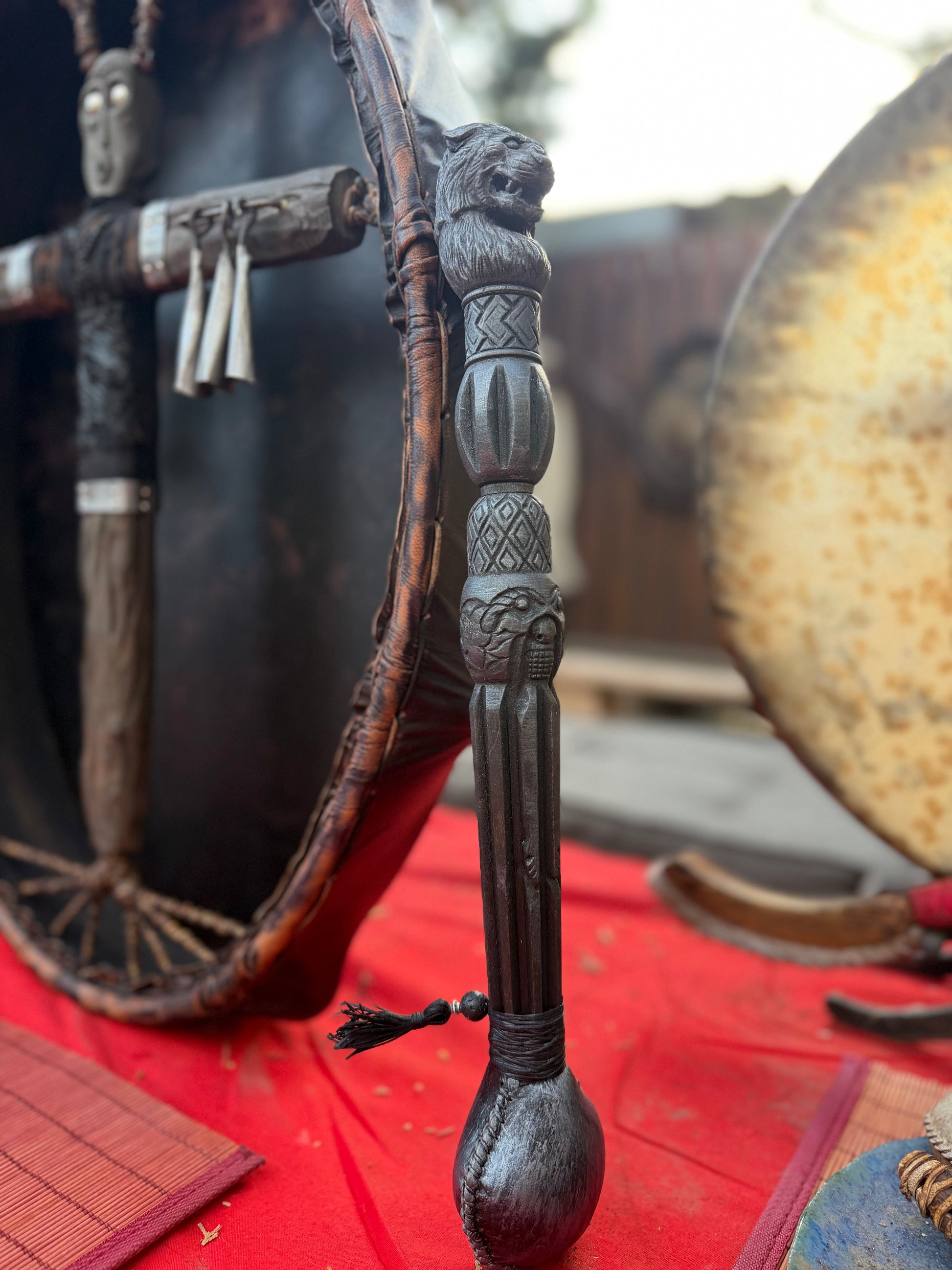 Shamanic rattle Tiger — hand-carved alder, goat skin chamber