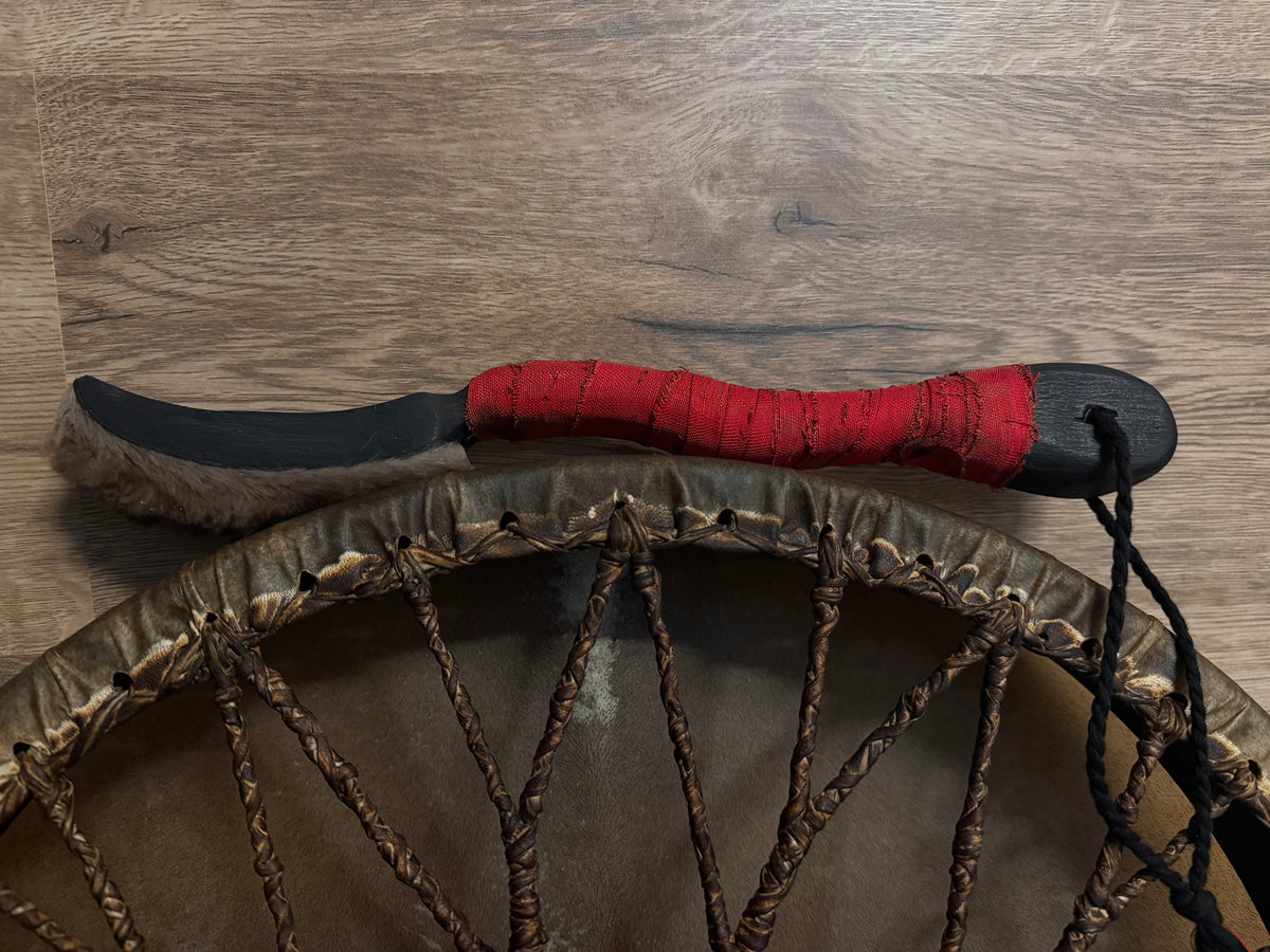 Hand-carved pine shaman drum beater 14 inch with beaver fur head