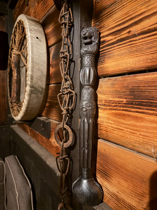 Shamanic rattle Tiger — hand-carved alder, goat skin chamber