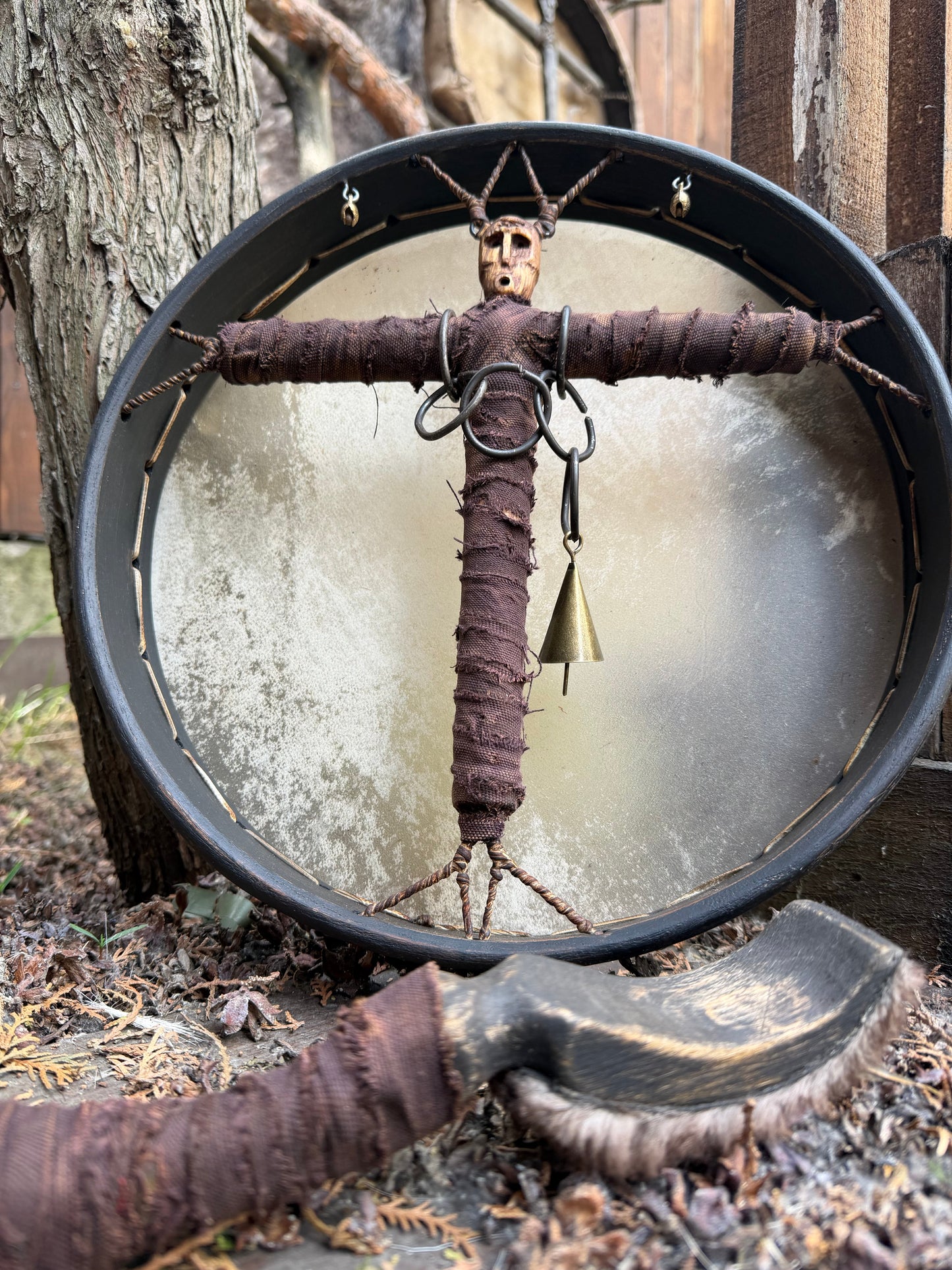 Keeper of the Way Siberian drum — front view with carved spirit handle