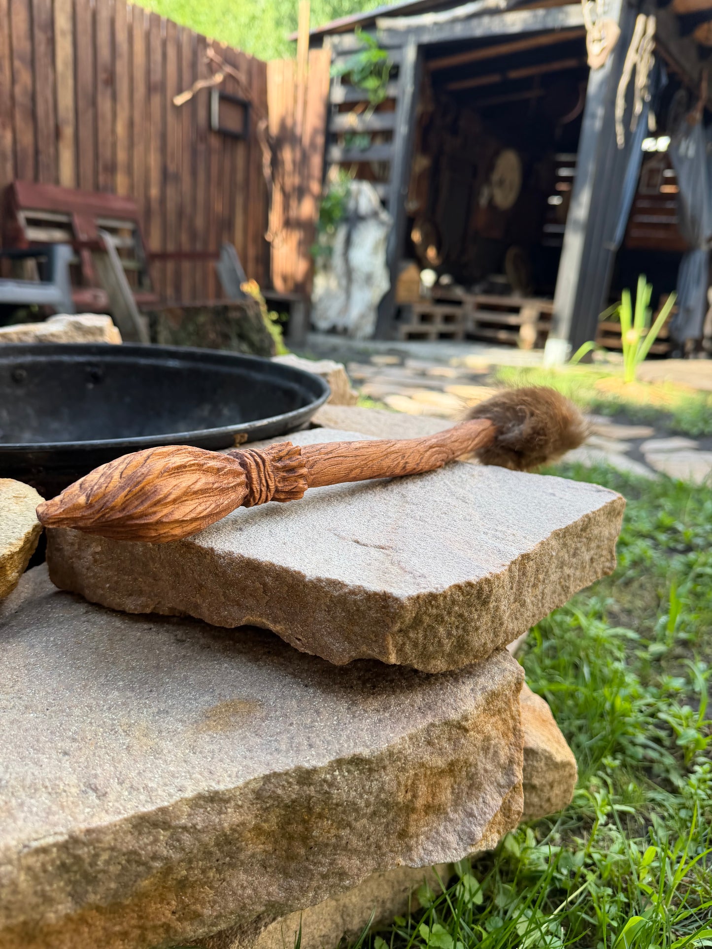Witch's Broom shamanic beater — hand-carved alder handle detail