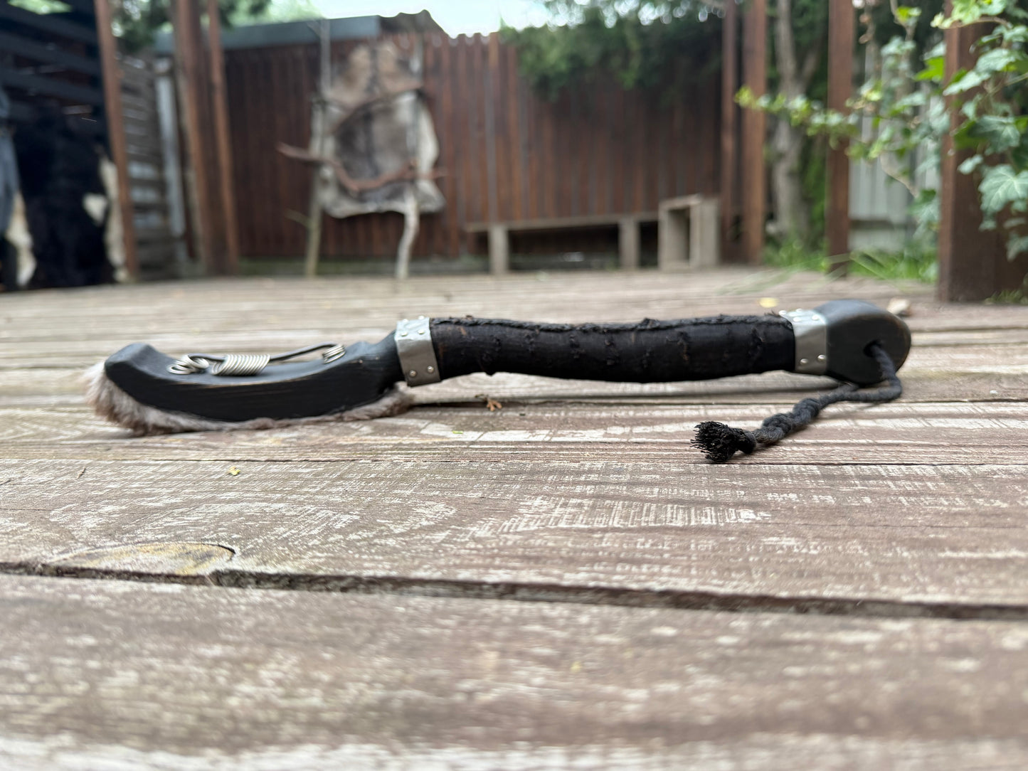 Ritual ring beater — alder handle with beaver fur head and metal rings