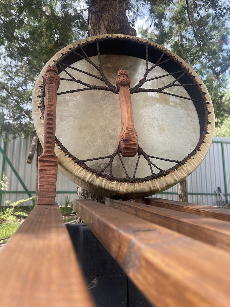 Owl Shamanic Drum 18" — Handmade Ritual Instrument