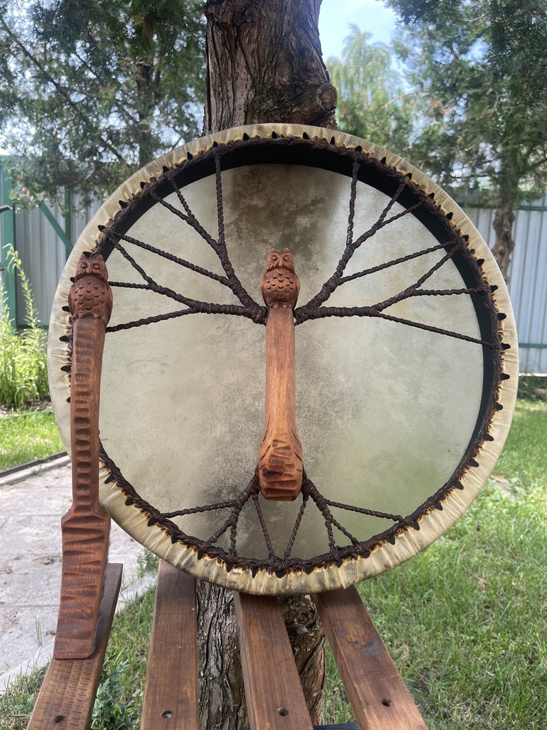 Owl Shamanic Drum 18" — Handmade Ritual Instrument