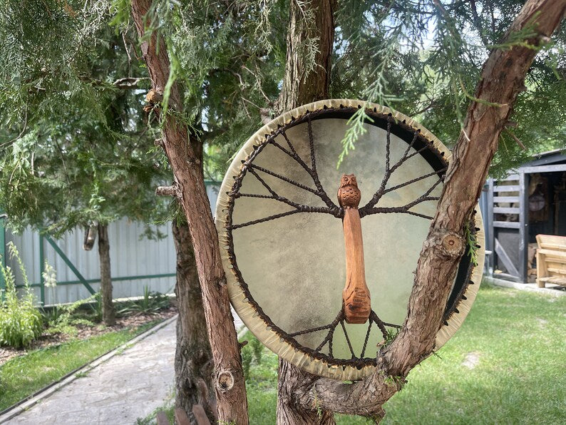 Owl Shamanic Drum 18" — Handmade Ritual Instrument