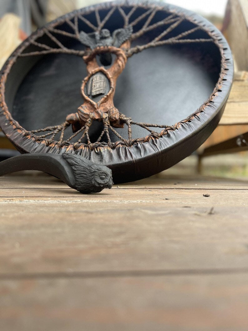 Owl Shamanic Drum 20" — Handmade Ritual Instrument