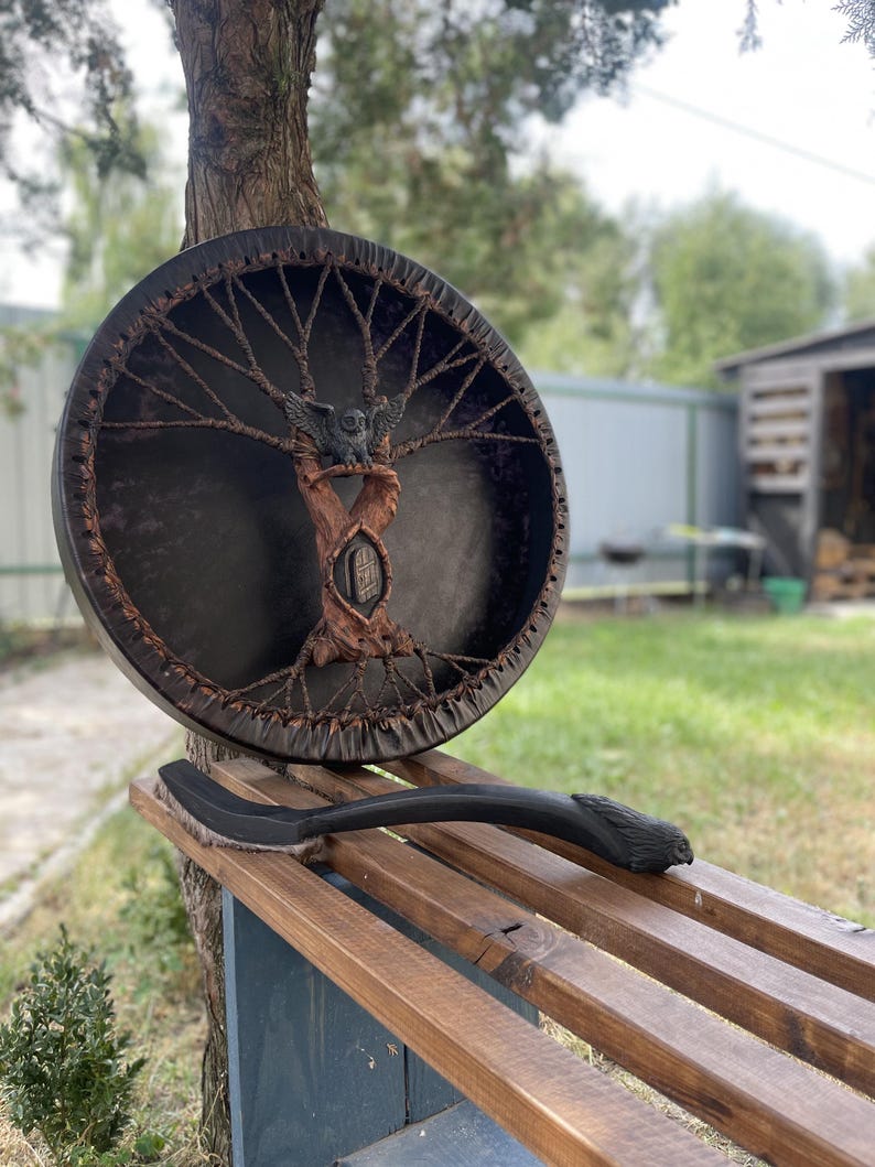 Owl Shamanic Drum 20" — Handmade Ritual Instrument