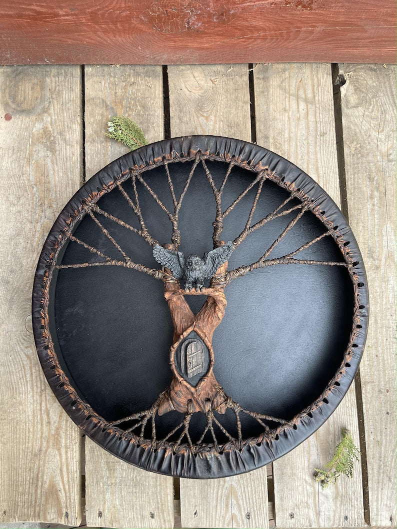 Owl Shamanic Drum 20" — Handmade Ritual Instrument
