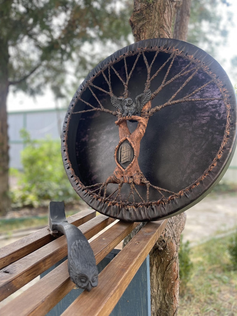 Owl Shamanic Drum 20" — Handmade Ritual Instrument