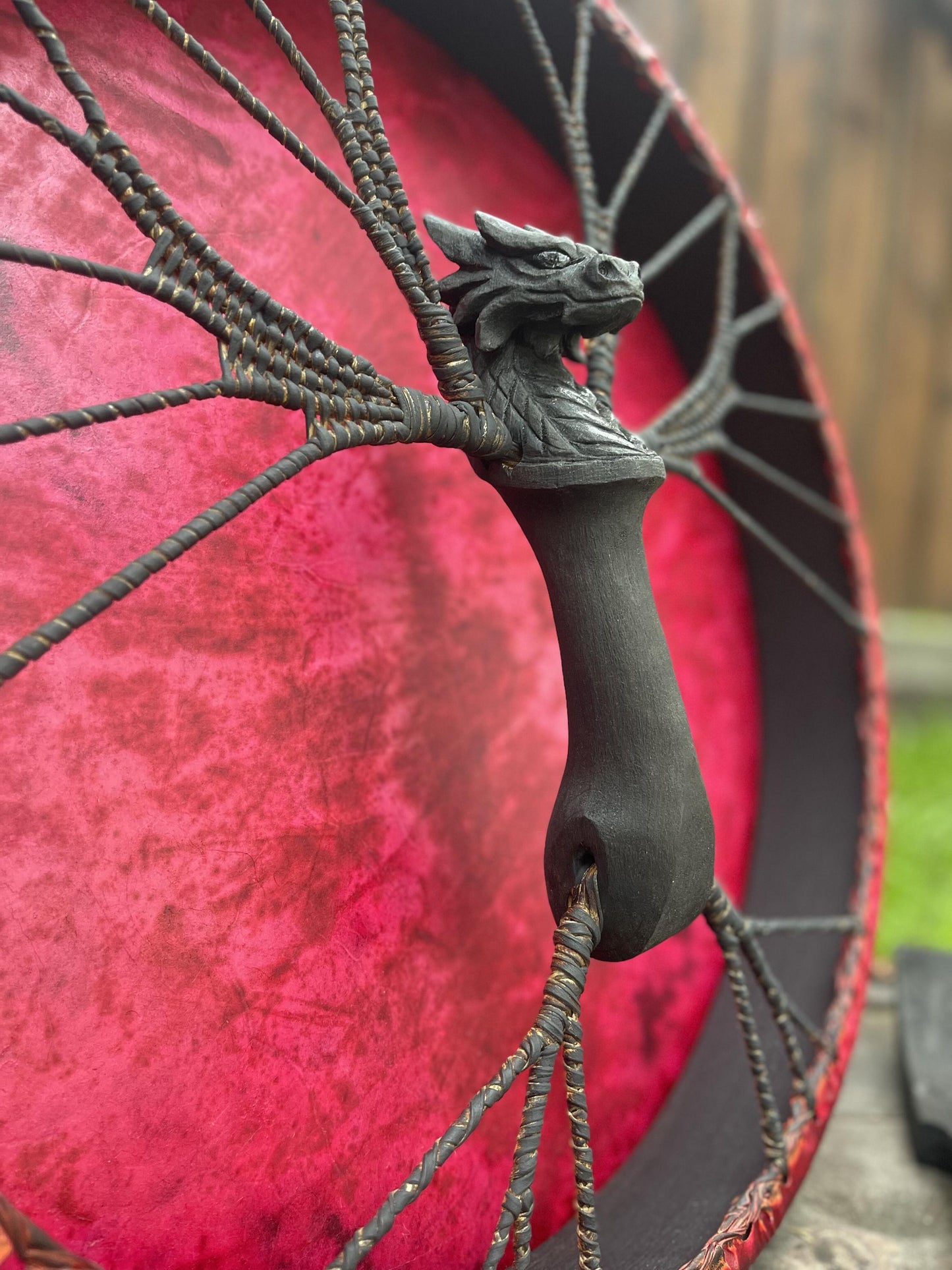 Black Dragon drum — carved alder handle
