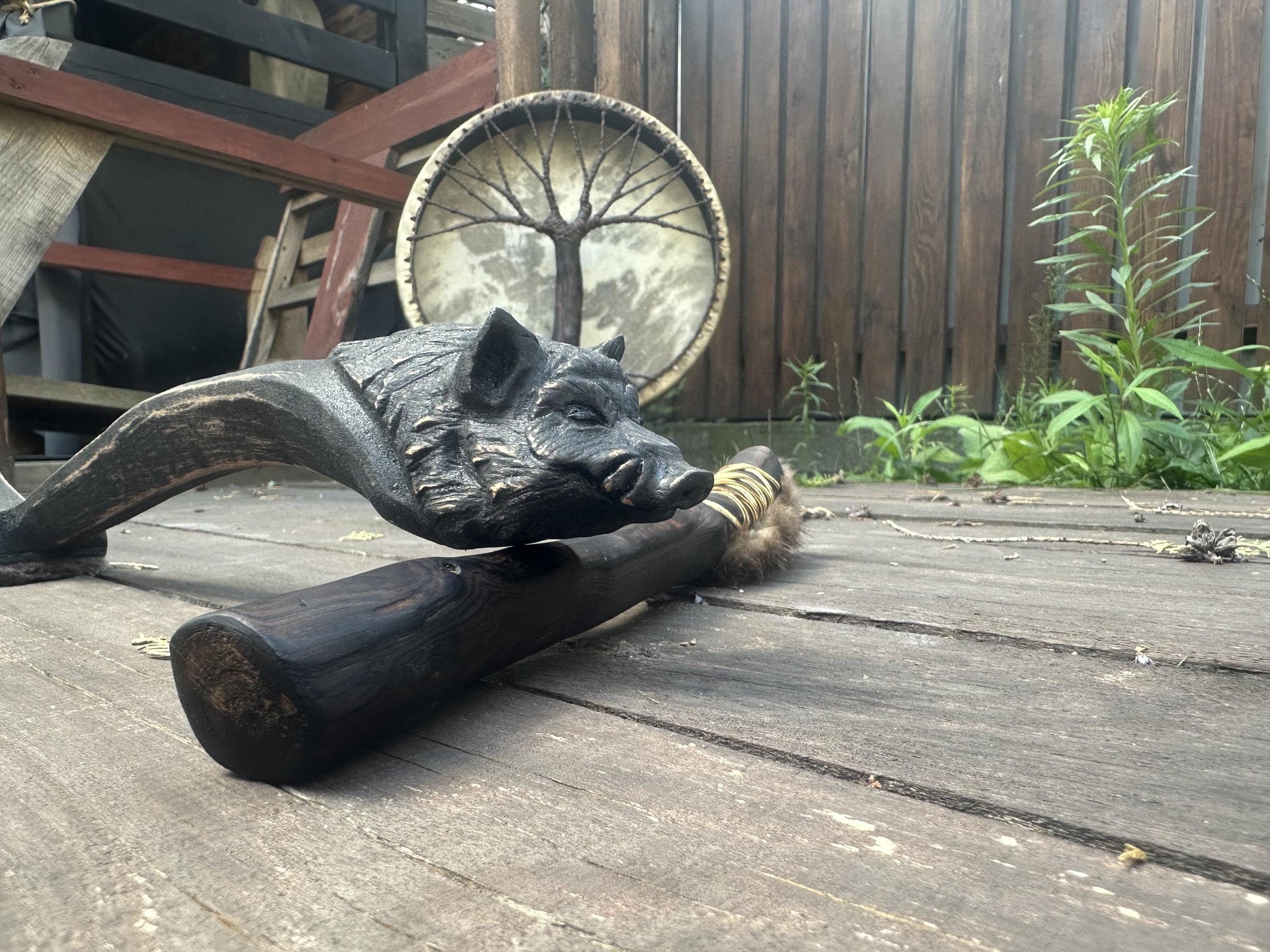 Shaman drum beater Wild Boar, alder and beaver fur