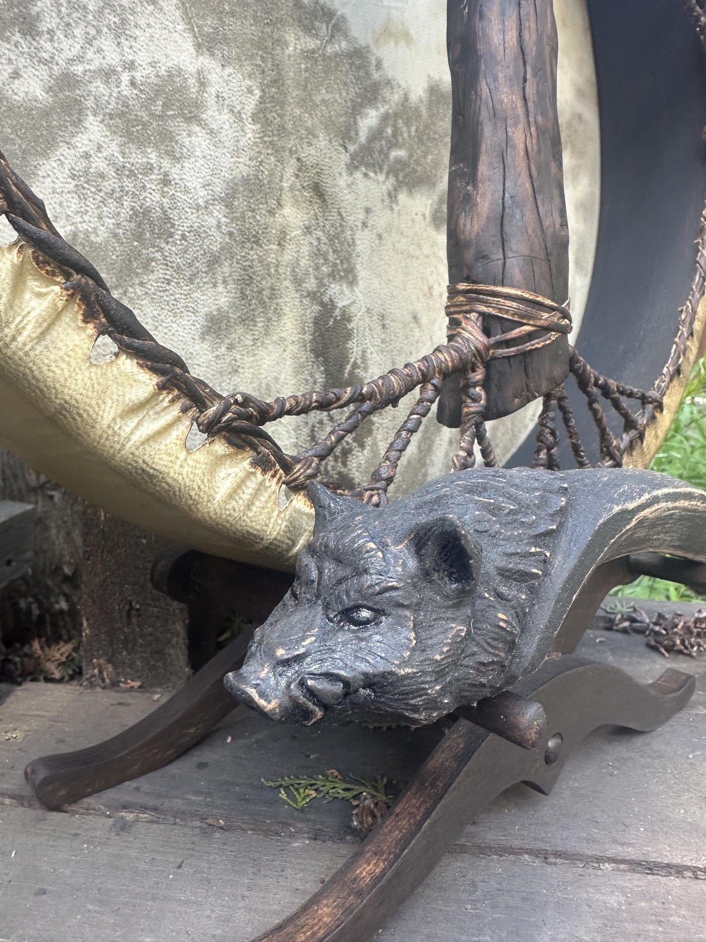 16 inch shaman drum beater with carved Wild Boar handle