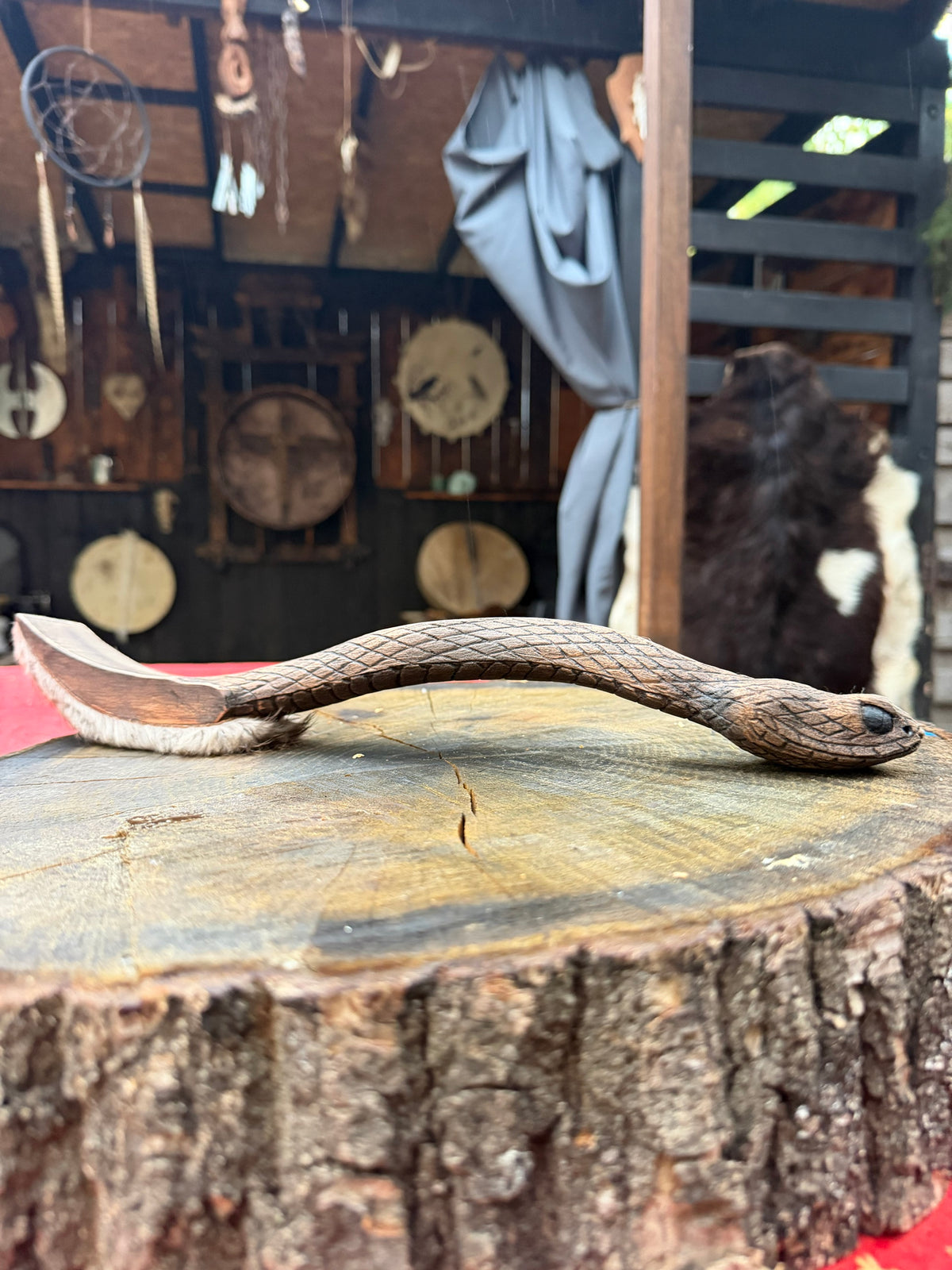 16 inch shaman drum beater carved as a snake, side view