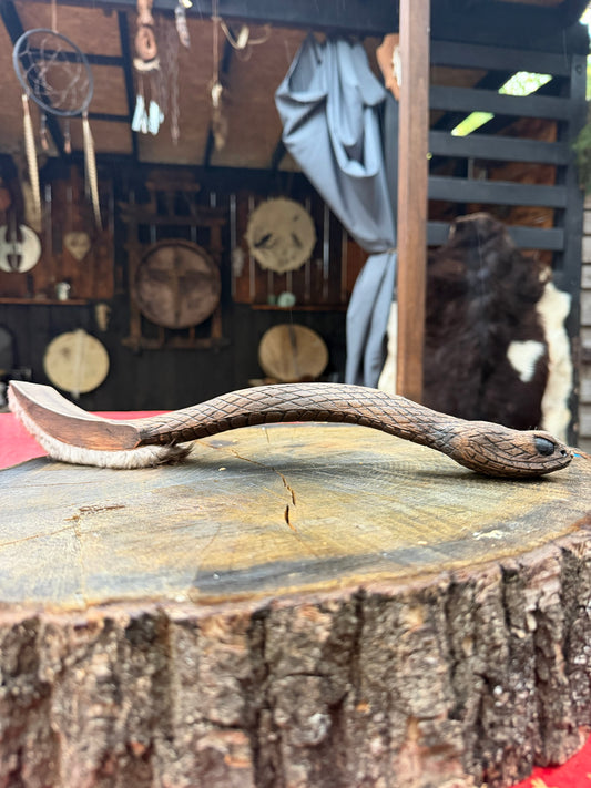 16 inch shaman drum beater carved as a snake, side view